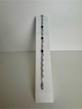 Silver Tone Black Stone Rhinestone Link Bracelet Wave Chain Lobster